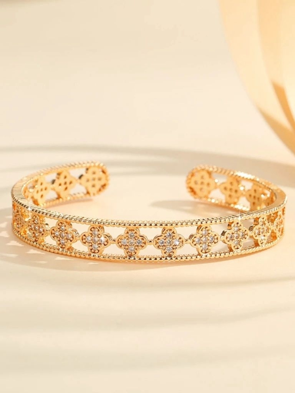 Gold Floral Crystal Open Cuff Bracelet - Elegant Women’s Jewelry